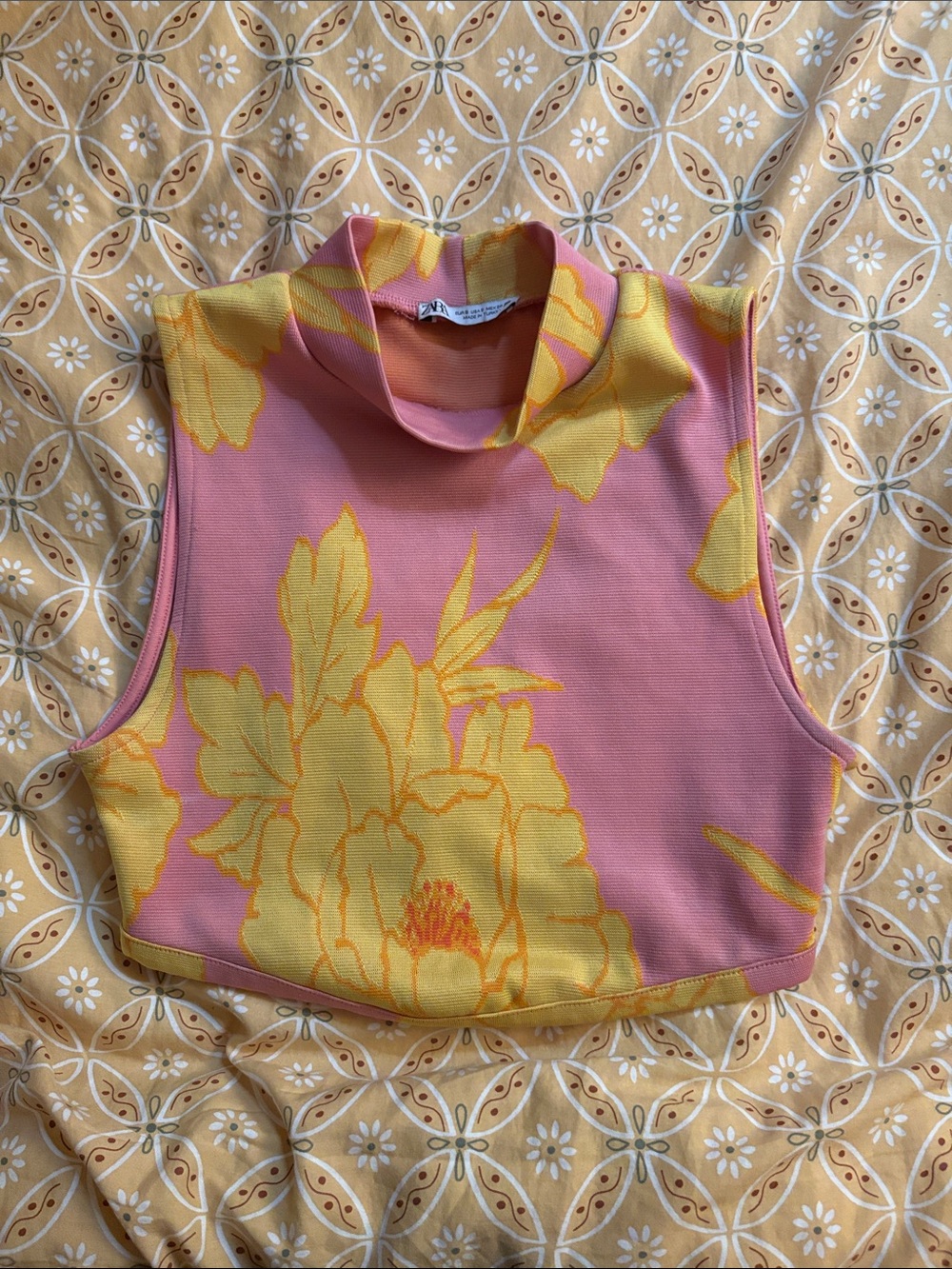 Zara Pink & Yellow Floral Mock Neck Crop Top
